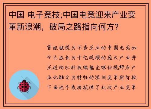 中国 电子竞技;中国电竞迎来产业变革新浪潮，破局之路指向何方？